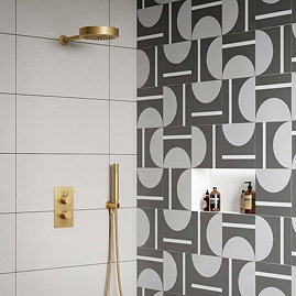 Arezzo Brushed Brass Round Thermostatic Shower Pack with Inline Head + Handset