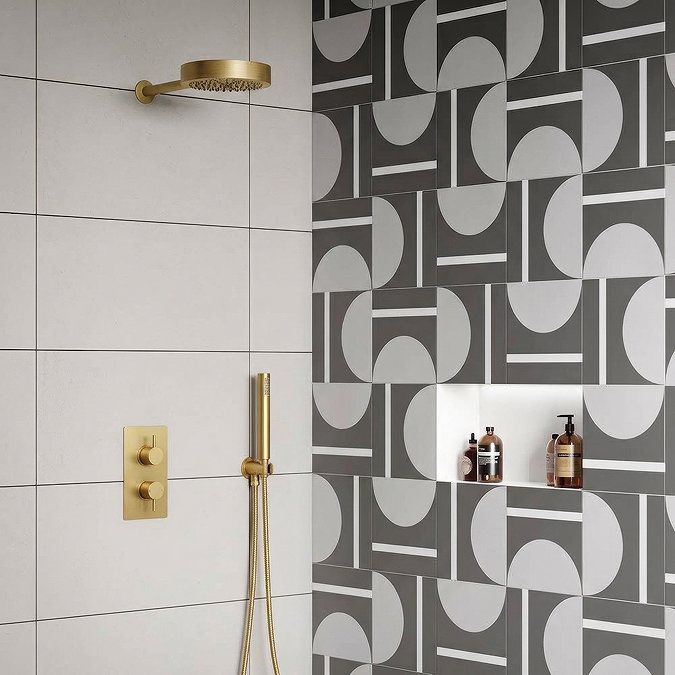 Arezzo Brushed Brass Round Thermostatic Shower Pack with Inline Head + Handset