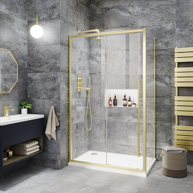 Arezzo Brushed Brass Round Thermostatic Shower Pack with Wall Mounted Head + Handset