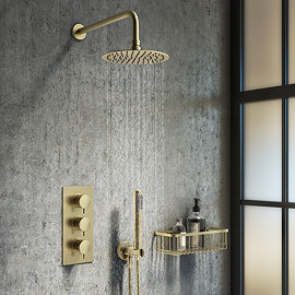 Arezzo Brushed Brass Round Thermostatic Shower Pack with Wall Mounted Head + Handset Large Image