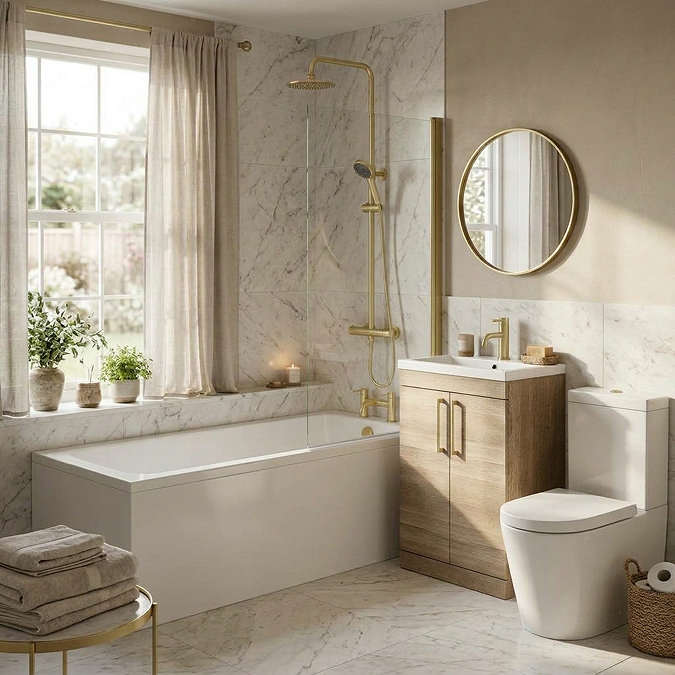 Arezzo Brushed Brass & Rustic Oak Complete Bathroom Suite - Floor Standing Vanity