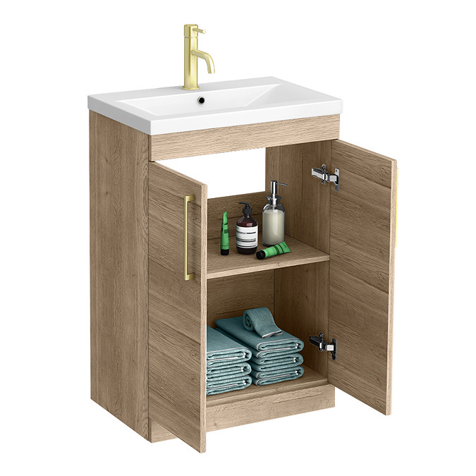 Arezzo Brushed Brass & Rustic Oak Complete Bathroom Suite - Floor Standing Vanity