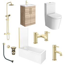 Arezzo Brushed Brass & Rustic Oak Complete Bathroom Suite - Floor Standing Vanity