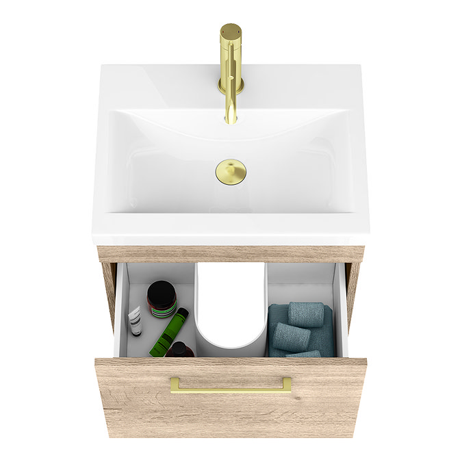 Arezzo Brushed Brass & Rustic Oak Complete Bathroom Suite - Wall Hung Vanity