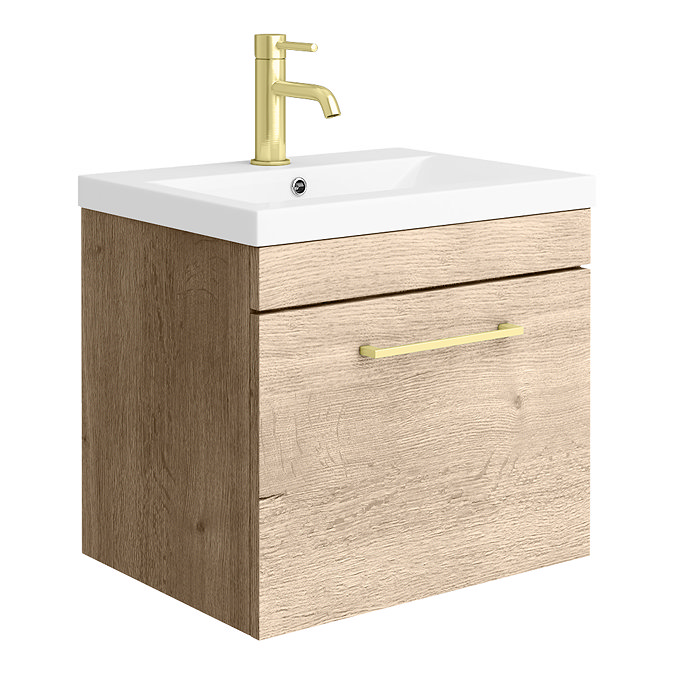Arezzo Brushed Brass & Rustic Oak Complete Bathroom Suite - Wall Hung Vanity
