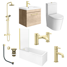 Arezzo Brushed Brass & Rustic Oak Complete Bathroom Suite - Wall Hung Vanity