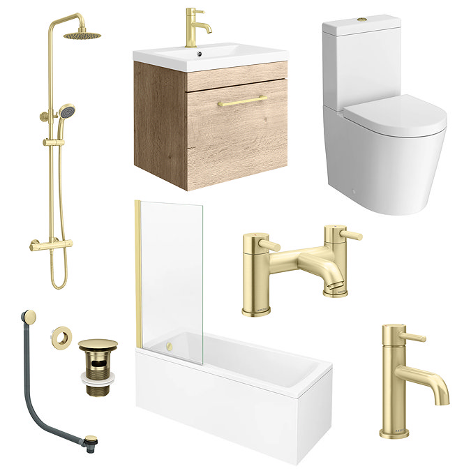 Arezzo Brushed Brass & Rustic Oak Complete Bathroom Suite - Wall Hung Vanity