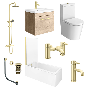 Arezzo Brushed Brass & Rustic Oak Complete Bathroom Suite - Wall Hung Vanity