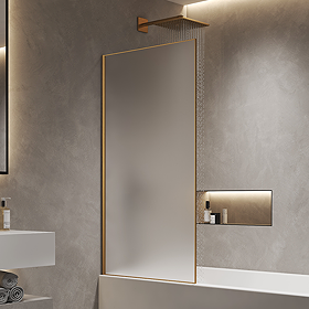 Arezzo Brushed Brass Slim Frame Frosted Glass Bath Screen (800 x 1400)