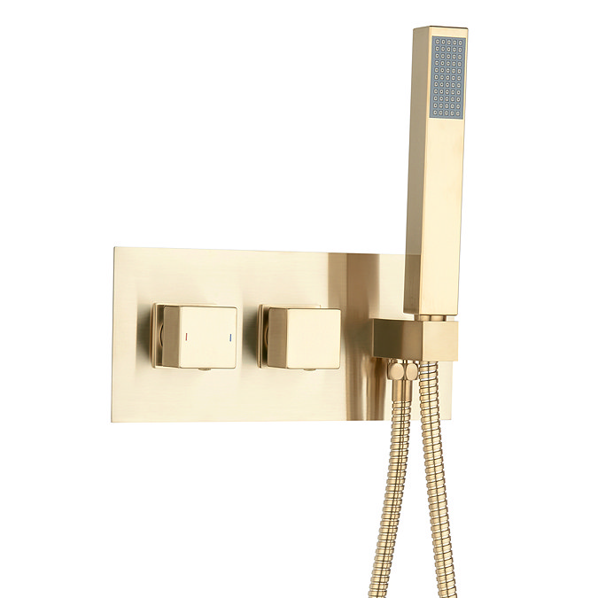 Arezzo Brushed Brass Square Concealed Thermostatic 2-Way Shower Valve with Handset Large Image