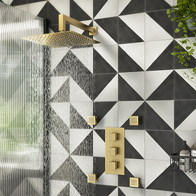 Arezzo Brushed Brass Square Shower System (Valve with Fixed Shower Head + 4 Body Jets) Large Image