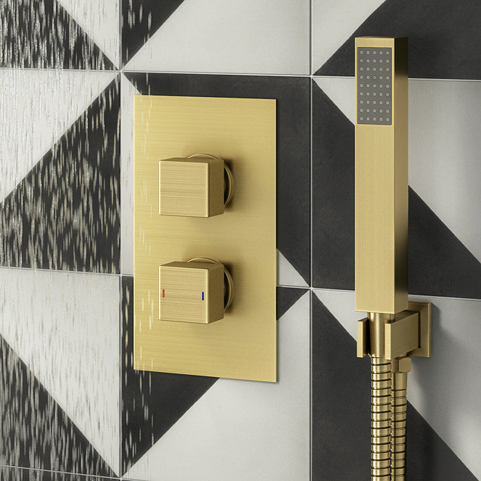Arezzo Brushed Brass Square Shower System (Twin Valve with Diverter, Wall Mounted Head + Handset)  Standard Large Image