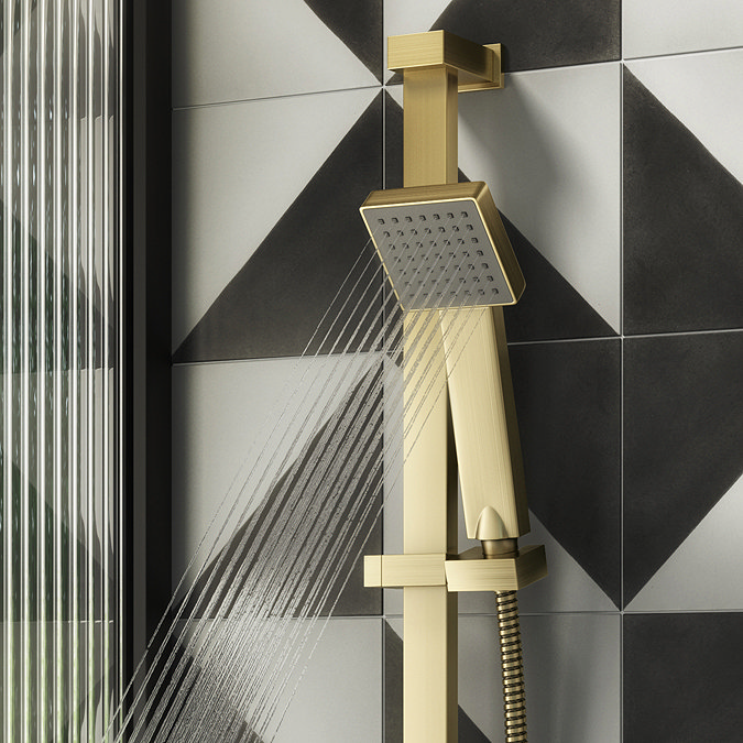 Arezzo Brushed Brass Square Thermostatic Bar Valve + Slide Rail Kit In Bathroom Large Image