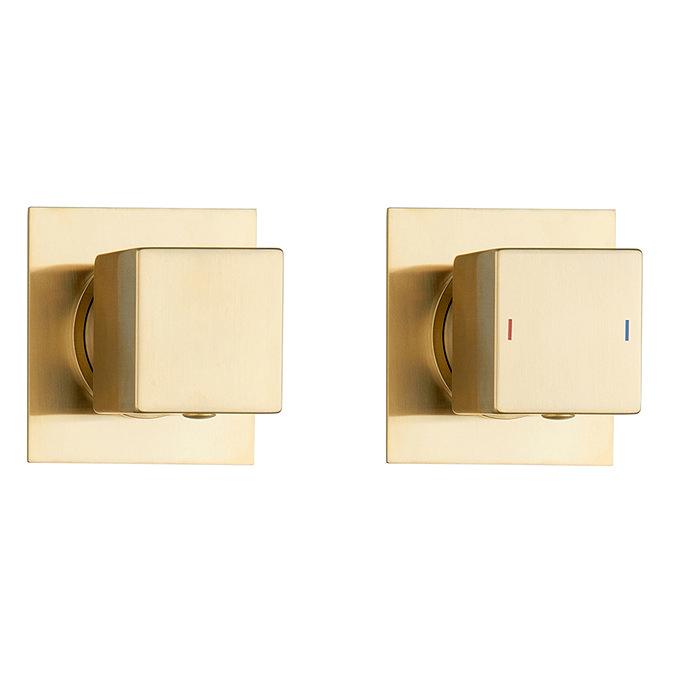 Arezzo Brushed Brass Square Thermostatic Shower Pack with Head + Handset  In Bathroom Large Image