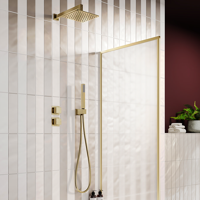 Arezzo Brushed Brass Square Thermostatic Shower Pack with 200mm Head + Handset