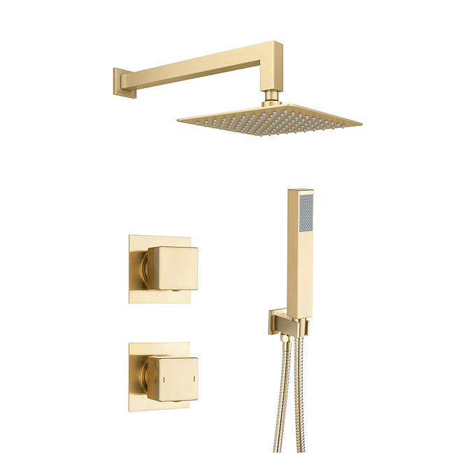 Arezzo Brushed Brass Square Thermostatic Shower Pack with Head + Handset Large Image