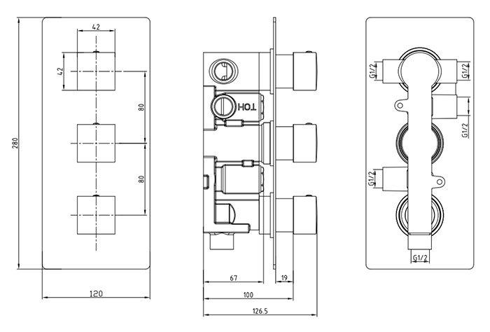 Arezzo Square Triple Concealed Thermostatic Shower Valve with Diverter - Brushed Brass