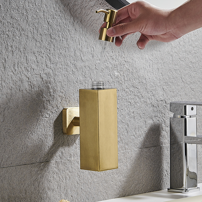 Arezzo Brushed Brass Square Wall Mounted Soap Dispenser  In Bathroom Large Image