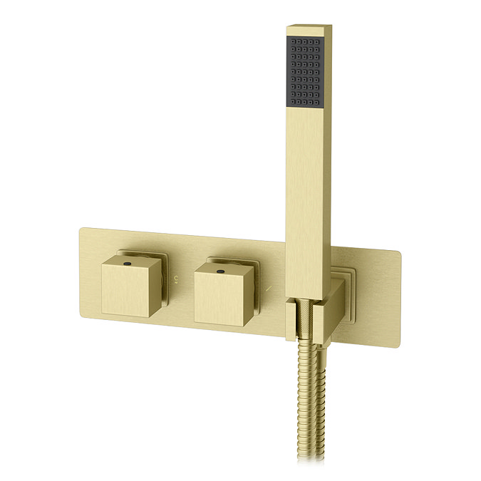 Arezzo Brushed Brass Square Wall Mounted Thermostatic Shower Valve with Handset + 200mm Fixed Shower Head