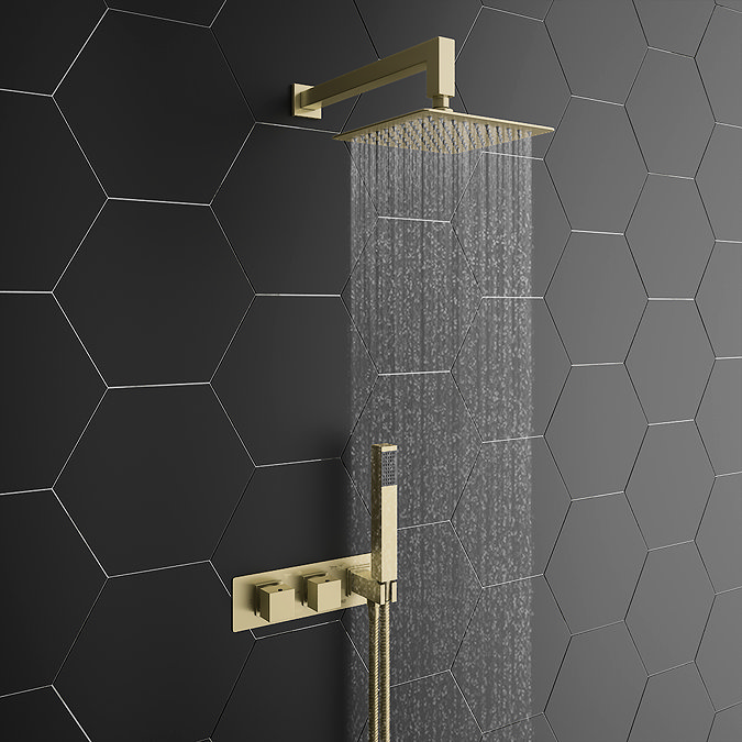 Arezzo Brushed Brass Square Wall Mounted Thermostatic Shower Valve with Handset + 200mm Fixed Shower Head