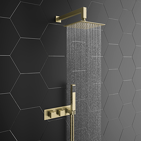 Arezzo Brushed Brass Square Wall Mounted Thermostatic Shower Valve with Handset + 200mm Fixed Shower Head