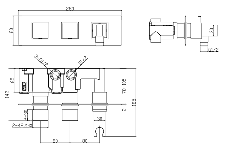 Arezzo Brushed Brass Round Wall Mounted Thermostatic Shower Valve (2 Outlets) with Square Handles & Rectangular Handset