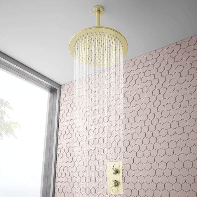 Arezzo Brushed Brass Twin Concealed Shower Valve inc. 300mm Head + 200mm Ceiling Mounted Arm Large I