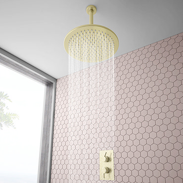 Arezzo Brushed Brass Twin Concealed Shower Valve inc. 300mm Head + 200mm Ceiling Mounted Arm  Featur