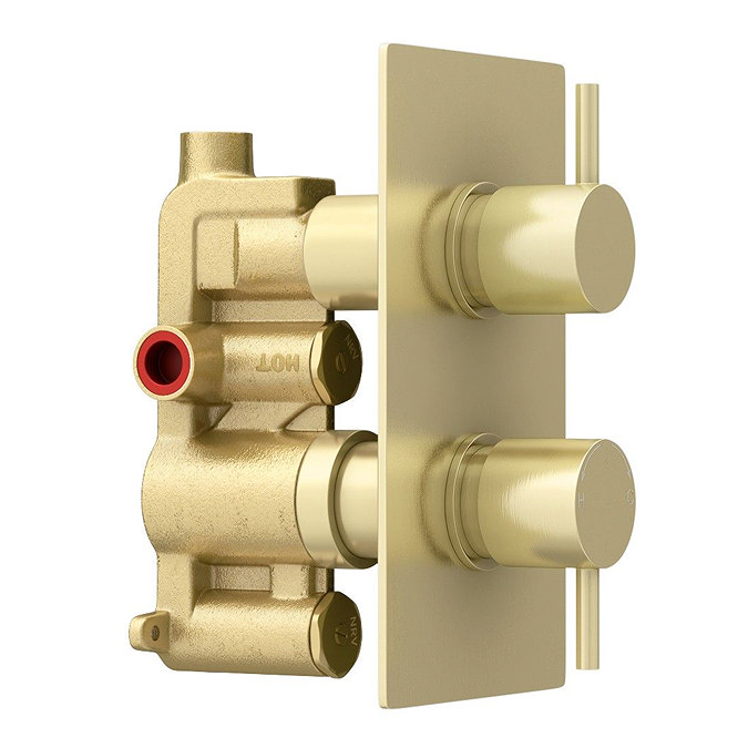 Arezzo Brushed Brass Twin Concealed Shower Valve inc. 300mm Head + Ceiling Mounted Arm In Bathroom Large Image