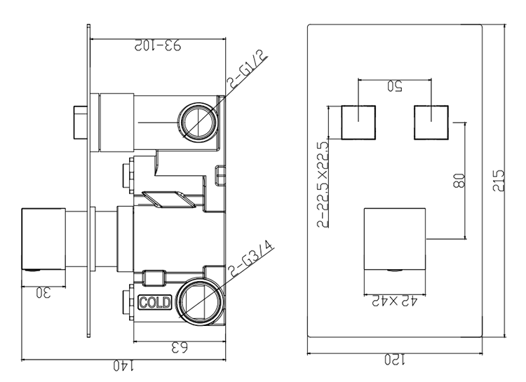 Arezzo Brushed Brass Twin Modern Square Push-Button Shower Valve with 2 Outlets