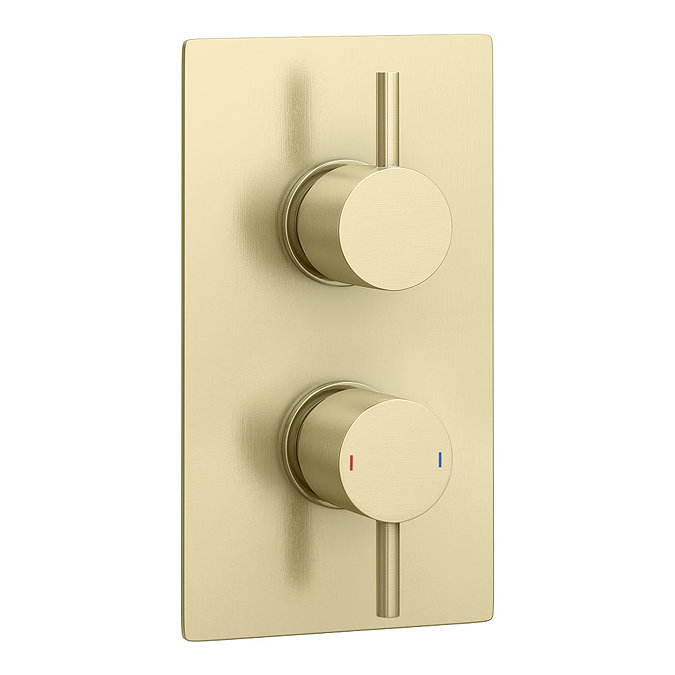 Arezzo Brushed Brass Wall Mounted Slimline Waterfall Bath Filler + Concealed Thermostatic Valve  In Bathroom Large Image