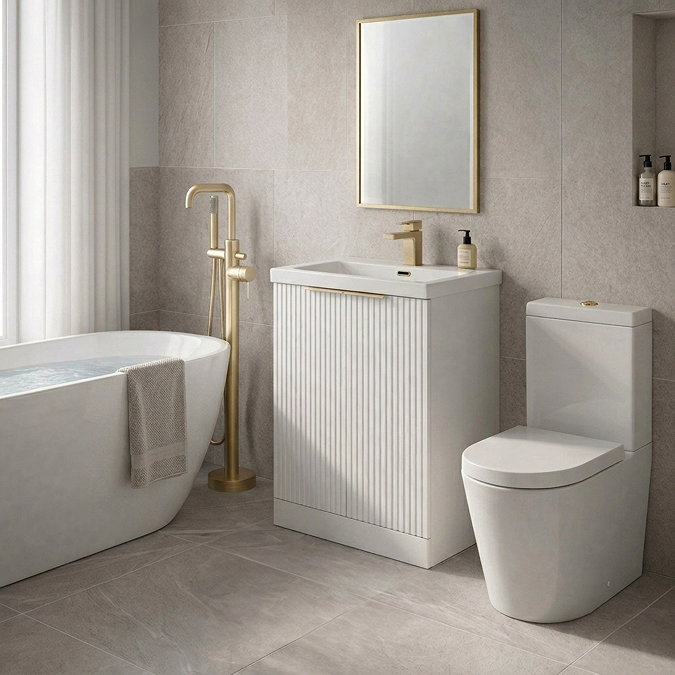 Arezzo Brushed Brass & White Fluted Complete Bathroom Suite - Floor Standing Vanity