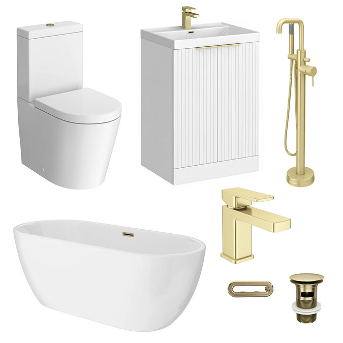 Arezzo Brushed Brass & White Fluted Complete Bathroom Suite - Floor Standing Vanity