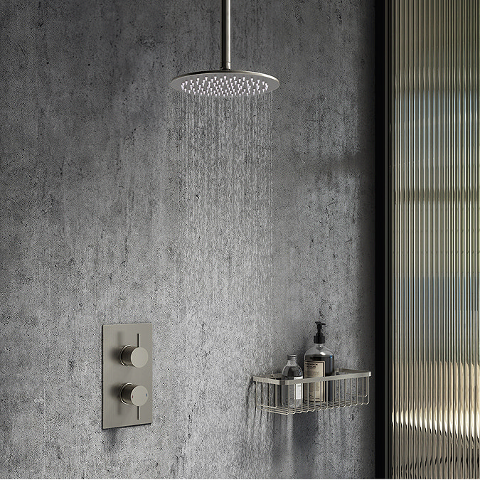 Arezzo Brushed Gunmetal Grey 200mm Thin Shower Head + Ceiling Mounted Arm