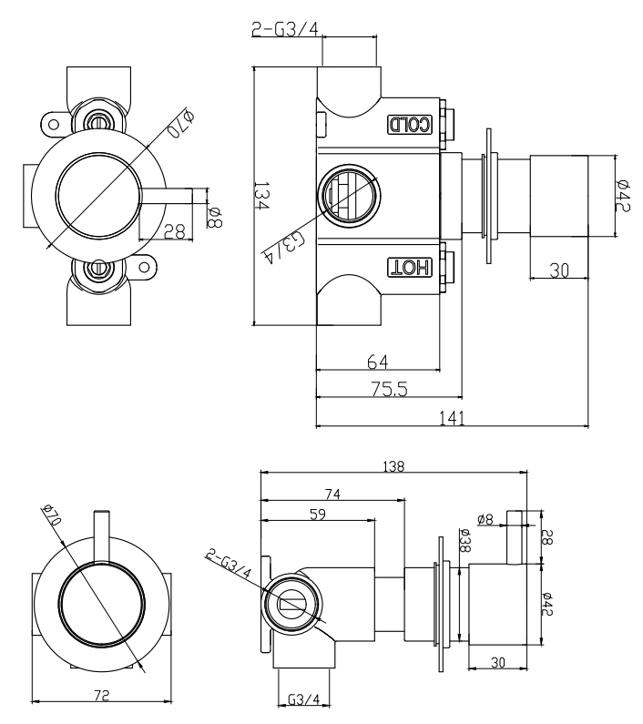 Arezzo Brushed Gunmetal Grey Concealed Individual Diverter and Thermostatic Control Shower Valve for Two Outlets