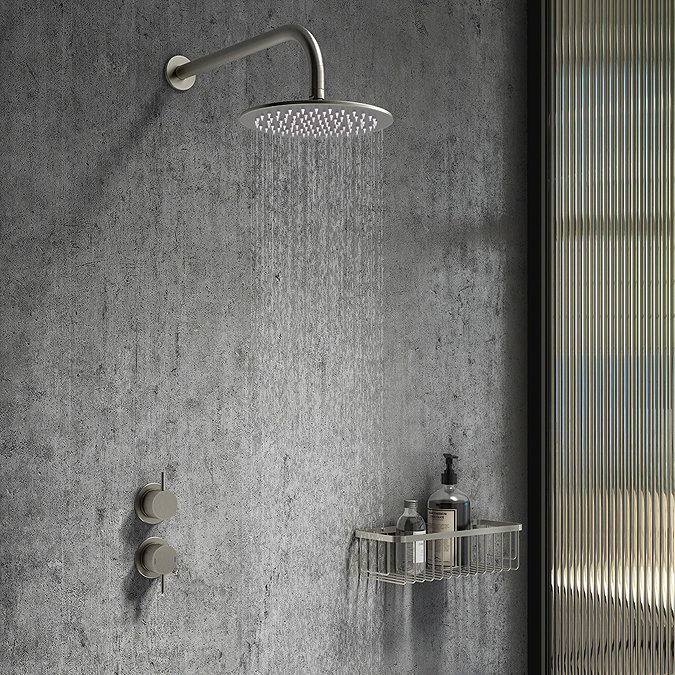 Arezzo Brushed Gunmetal Grey Concealed Individual Stop Tap + Thermostatic Control Shower Valve Feat