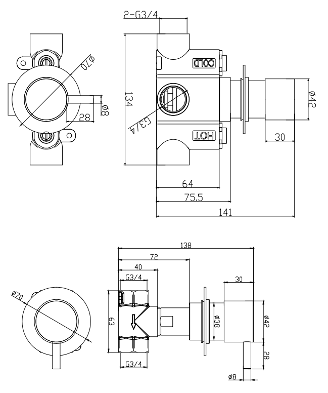 Arezzo Concealed Individual Stop Tap + Thermostatic Control Shower Valve (designed for 1 Outlet) – Brushed Gunmetal Grey