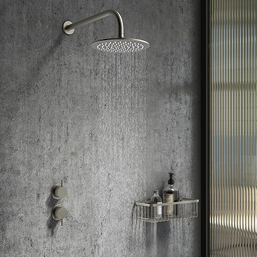 Arezzo Brushed Gunmetal Grey Concealed Individual Stop Tap + Thermostatic Control Valve with Wall Mo