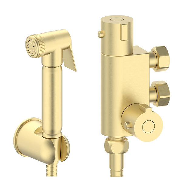 Arezzo BTW Close Coupled Toilet with Brushed Brass Douche Kit and Soft Close Seat