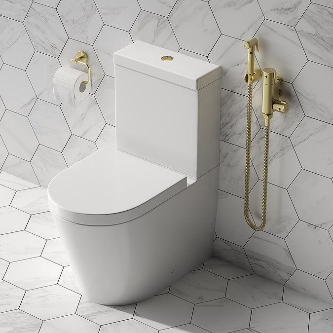 Arezzo BTW Close Coupled Toilet with Brushed Brass Douche Kit and Soft Close Seat