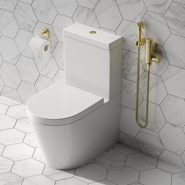 Arezzo Btw Close Coupled Toilet With Brushed Brass Douche Kit And Soft