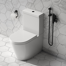 Arezzo BTW Close Coupled Toilet with Matt Black Douche Kit and Soft Close Seat