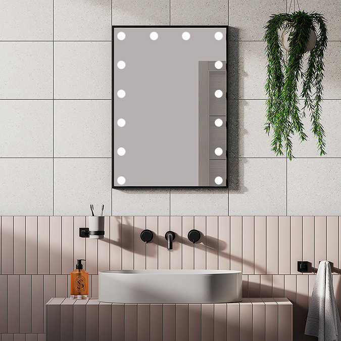 Arezzo Bulb Matt Black 500 x 700mm LED Illuminated Mirror with Motion Sensor + Anti-Fog