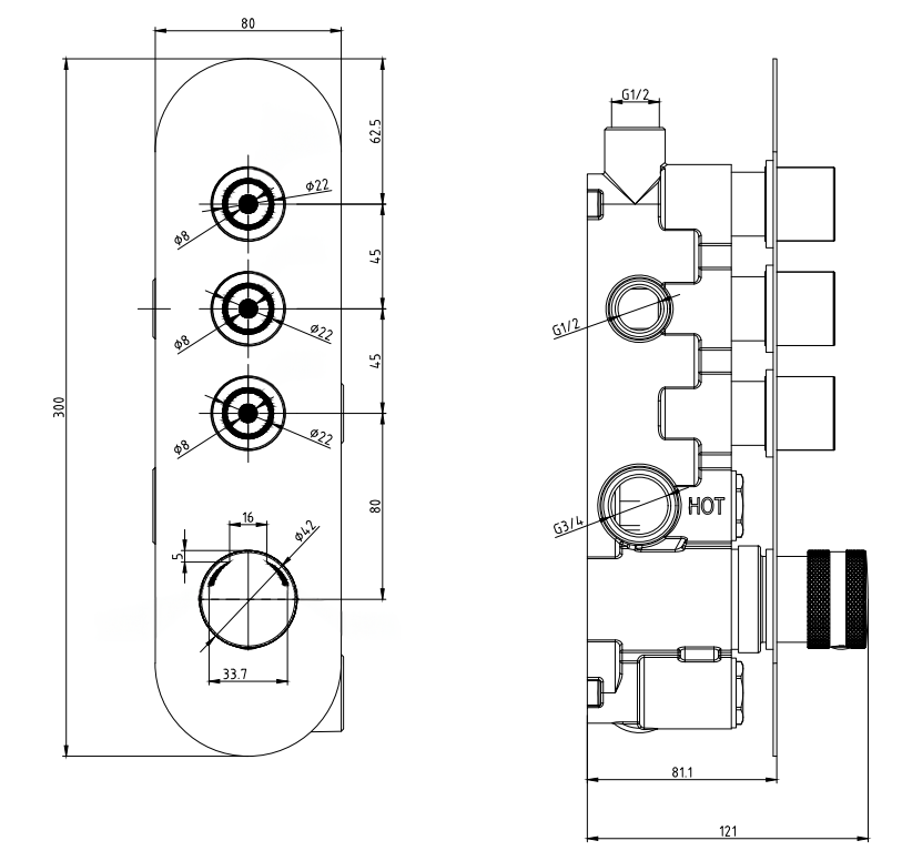 Arezzo Chrome Industrial Style Push Button Shower Valve (3 Outlets)