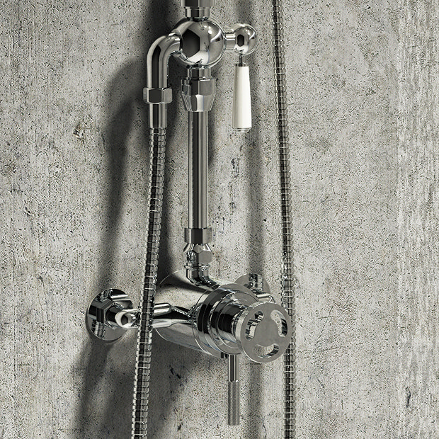 Arezzo Chrome Industrial Style Rigid Riser Kit with Diverter + Dual Exposed Shower Valve  In Bathroo