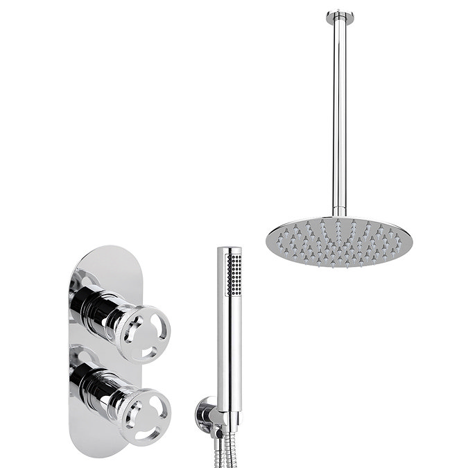 Arezzo Chrome Industrial Style Shower System with Concealed Valve, Handset + Ceiling Mounted Head  a