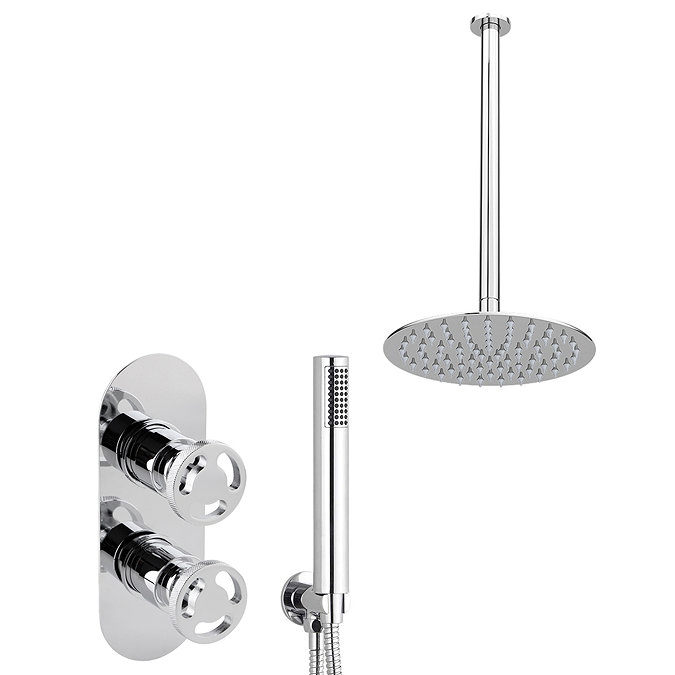Arezzo Chrome Industrial Style Shower System with Concealed Valve, Handset + Ceiling Mounted Head a