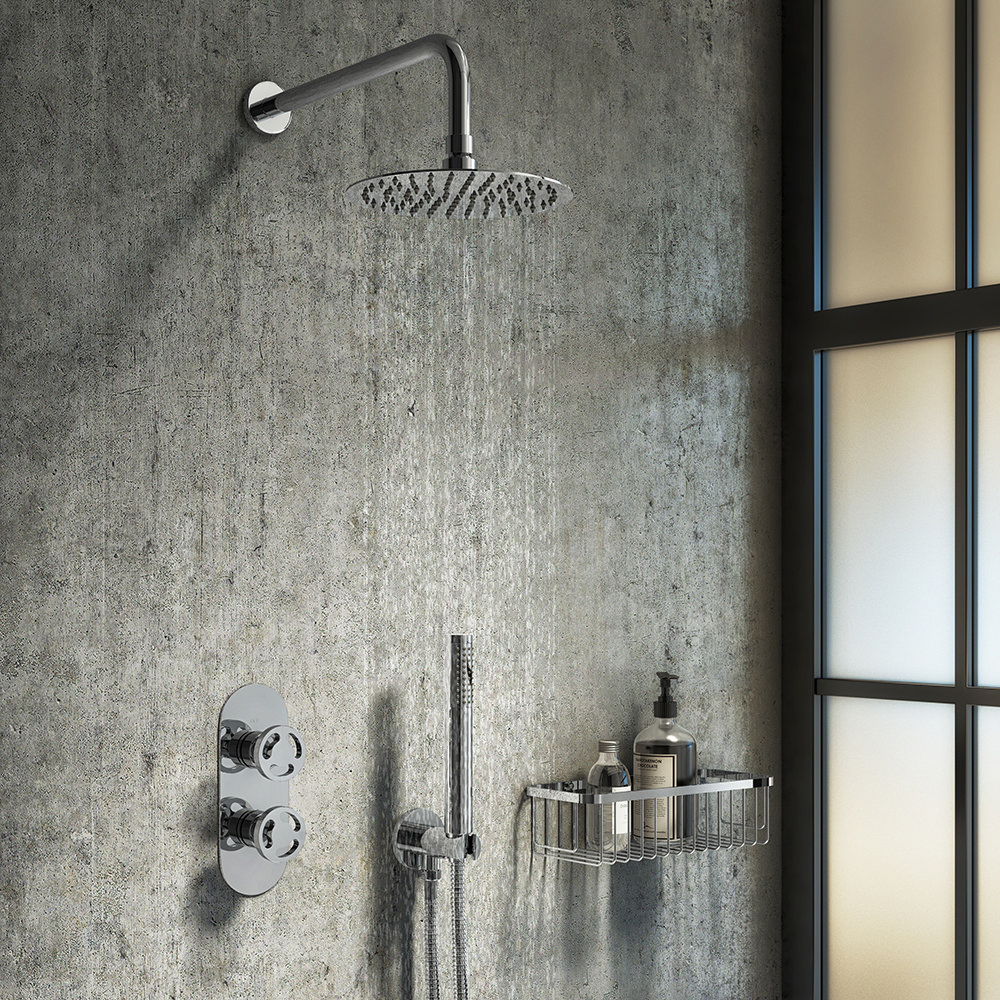 Arezzo Chrome Industrial Style Shower System with Concealed Valve, Head ...