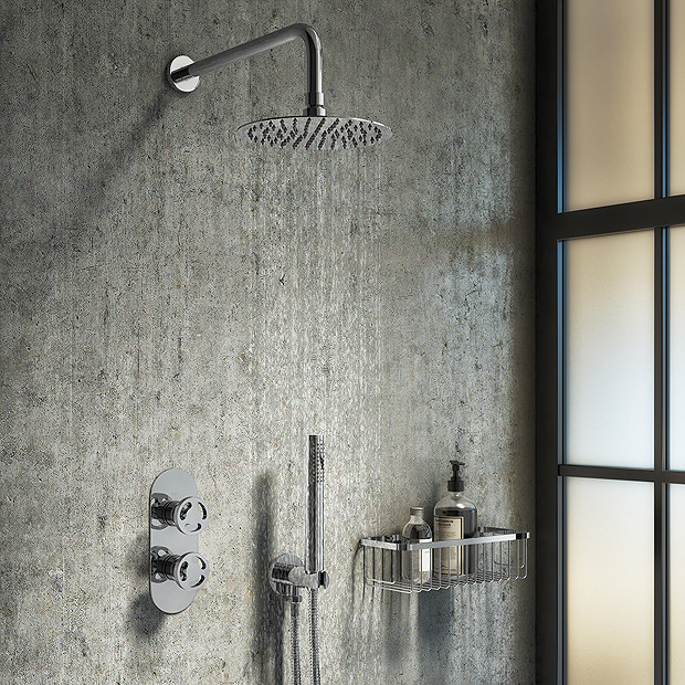 Arezzo Chrome Industrial Style Shower System with Concealed Valve, Head + Handset Large Image