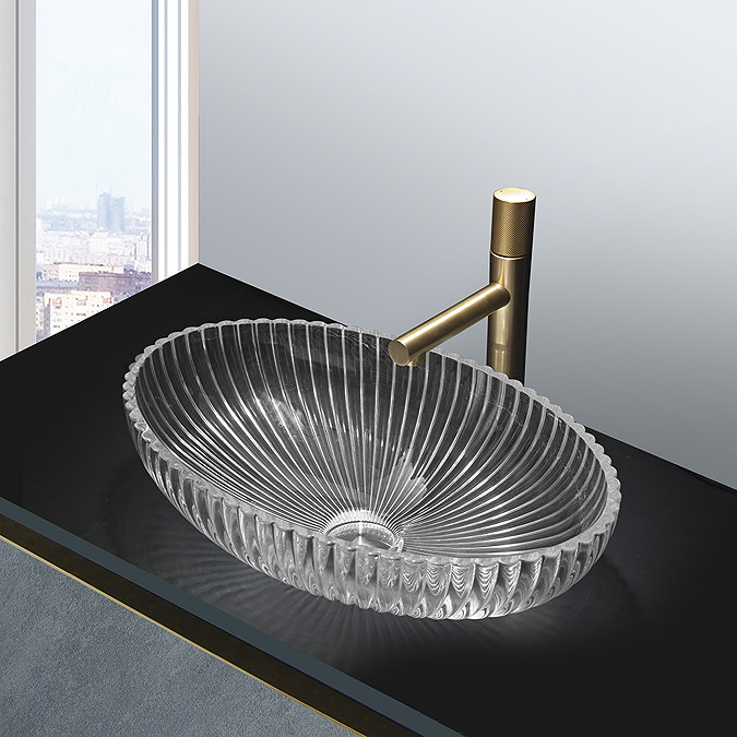 Arezzo Clear Diamond Cut Glass Oval Countertop Basin - 510 x 345mm